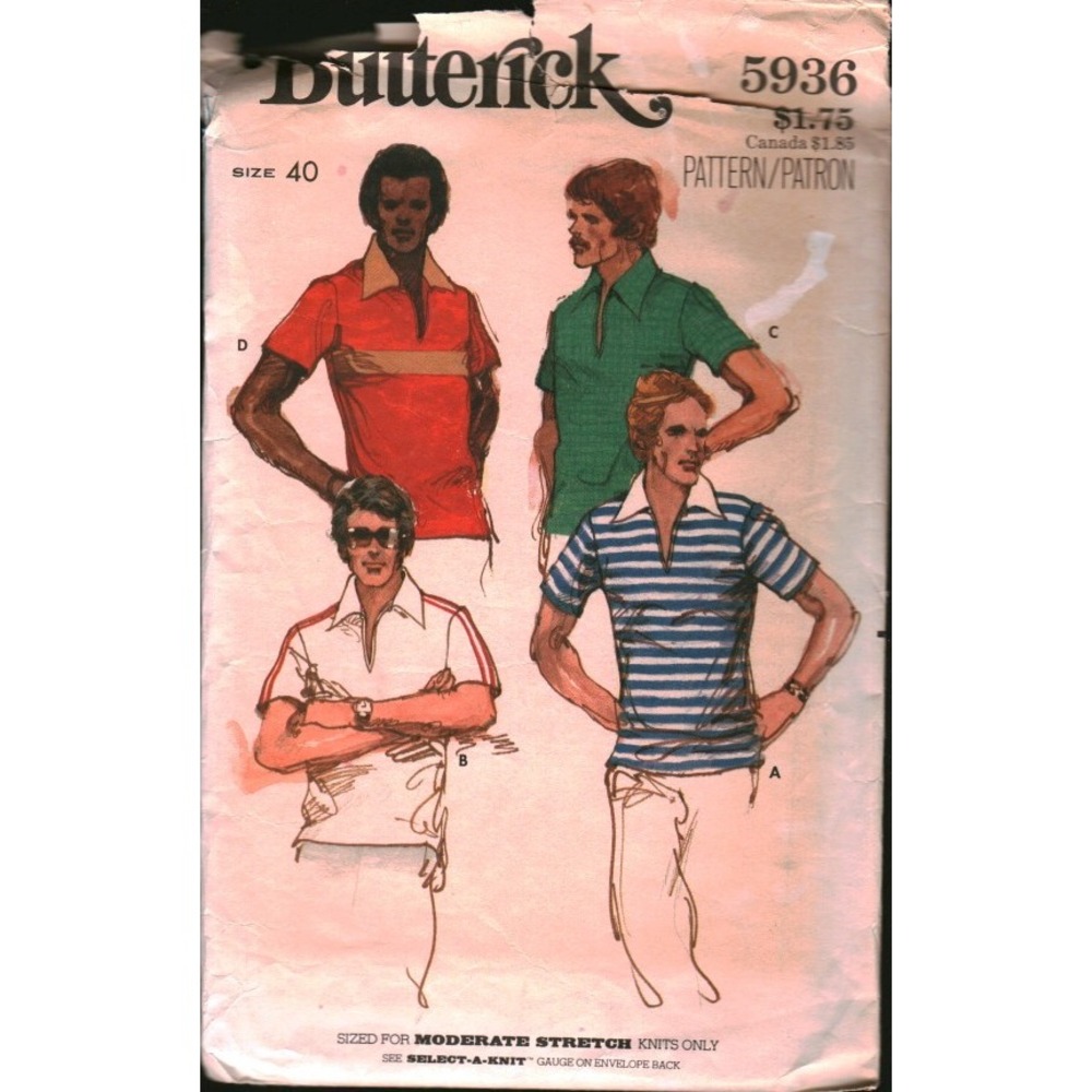 Vintage Butterick 5936 Mens Knit Shirt Sewing Pattern Size 40 Retro 70s Polo